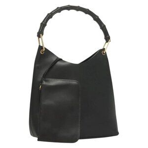 GUCCI Bamboo Shoulder Bag Leather Black Gold